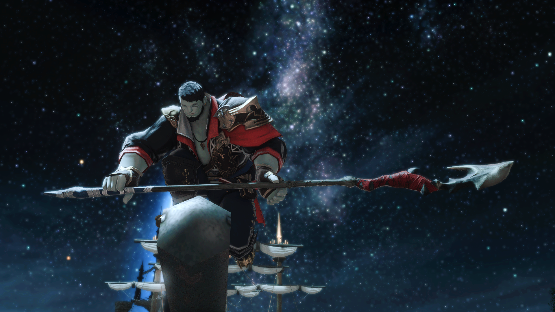 A screenshot of Ahldtrach on a ship with the night sky behind him.