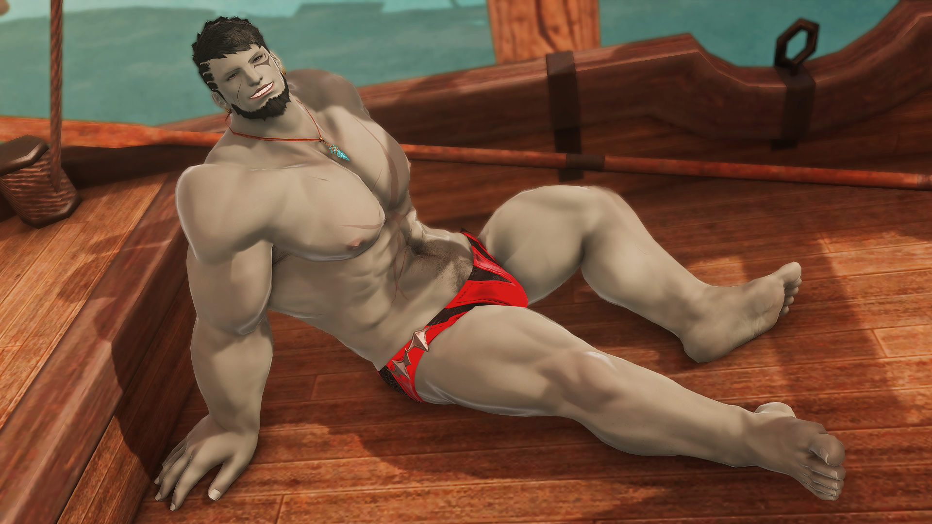 A screenshot of Ahldtrach sitting in a boat while wearing his speedo.